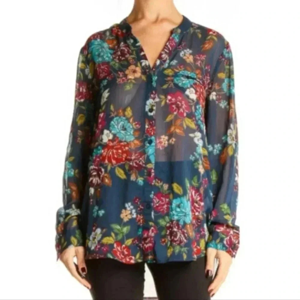 {Kut from the Kloth} Womens Floral Print Sheer Long Sleeve Blouse - Size Medium